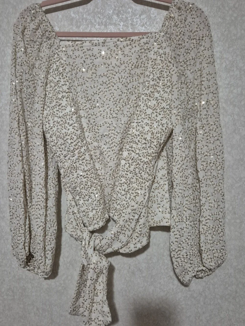 NWT Anthropologie Cream Wrap Blouse with Gold Sequin Detail..Size:M